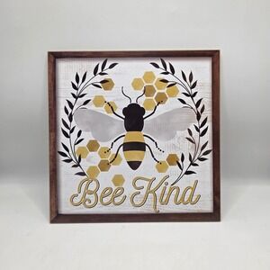 Bee Kind Wall Art Square White Gold Wood Frame Farmhouse Decor Sign